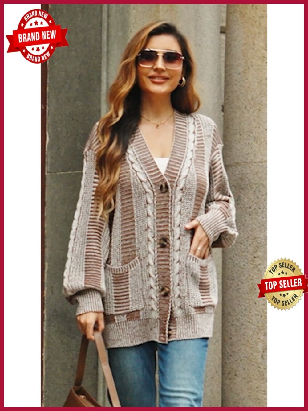 Oversized Cable Knit Open Front Cardigan with Pockets - Picture 6 of 6